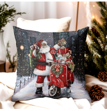 Vánoční gobelínové povlečení na polštář – Santa Claus na skútru s dárky