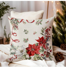 Vánoční gobelínové povlečení na polštář s lurexem – vánoční květiny a větvičky